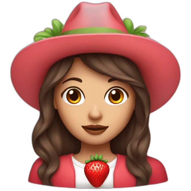 Brunette girl with long wolf cut hair and strawberry hat emoji