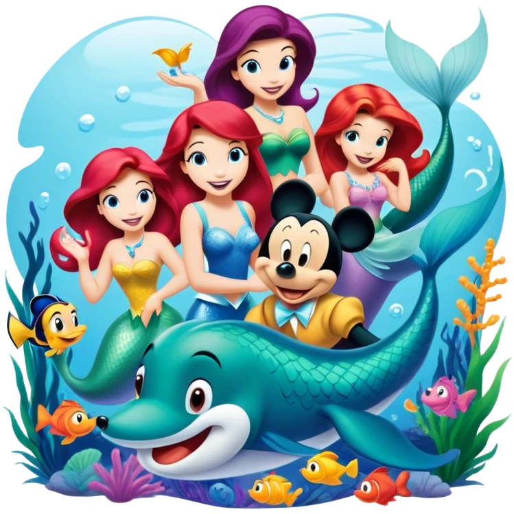 Colorful icon for Animated Movies: A vibrant collage featuring iconic characters like Goofy, Mickey Mouse, Ariel the Little Mermaid, Jasmine, Masha and the Bear, and Luntik. Each character should be large and bright, set against a cheerful and playful background. Transparent background. emoji