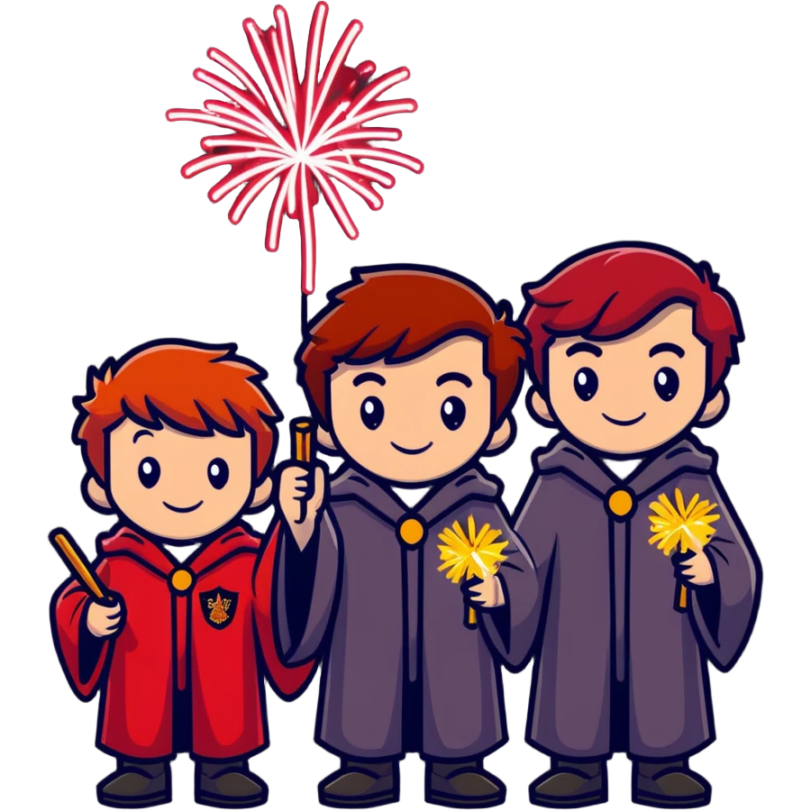 Fred and George Weasley with matching red hair and Gryffindor wizard robes, holding fireworks emoji