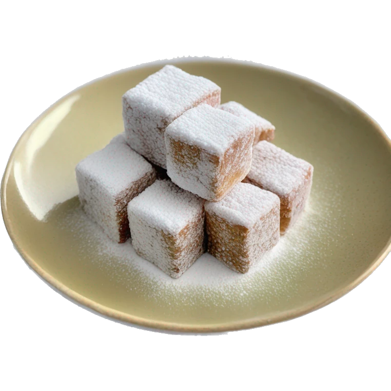 Turkish delight stacked cubes with chopped walnuts and covered with powdered sugar, on a porcelain plate emoji