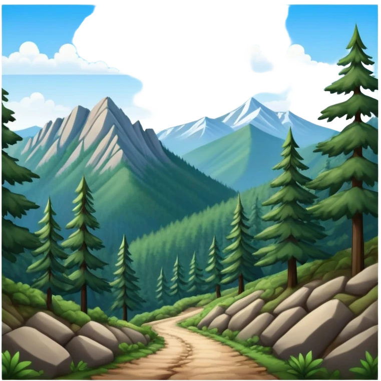 a forest trail or rocky mountain road. The background shows dense trees, steep slopes, and distant peaks under a clear blue sky. emoji