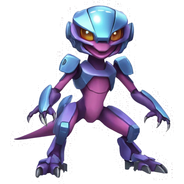 a shiny Genesect-Raptor-Fakémon—hybrid with a futuristic visor-helmet full body emoji