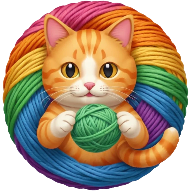 An orange kitty playing with a rainbow ball of yarn emoji