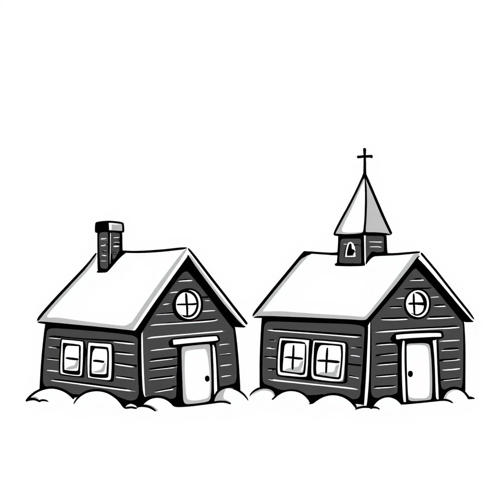 Siberian village, wooden houses, hand drawn doodle style emoji