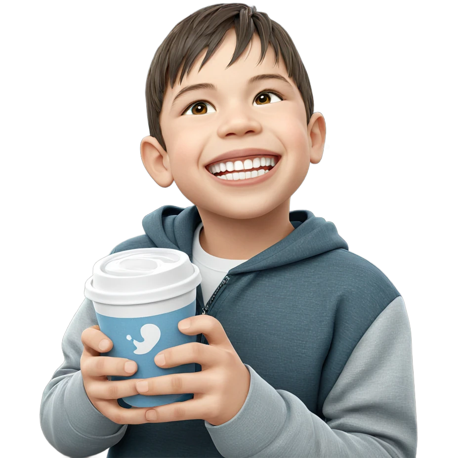 smiling boy with cup emoji