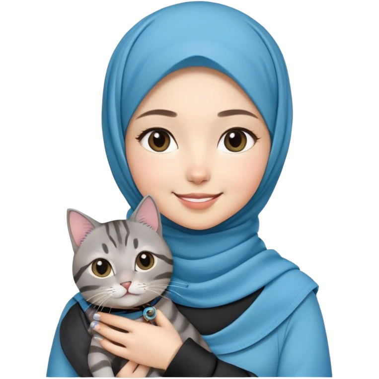 Asian White girl wearing cute hijab holding a black grey tabby cat while smiling. The cat is wearing a blue collar emoji