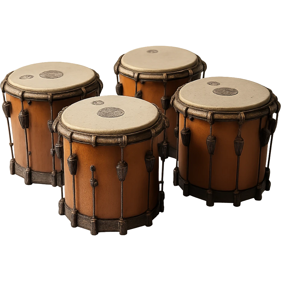Realistic style depiction of exactly four timpani drums, no player, all drums brown, with no background, isolated on transparent background. emoji