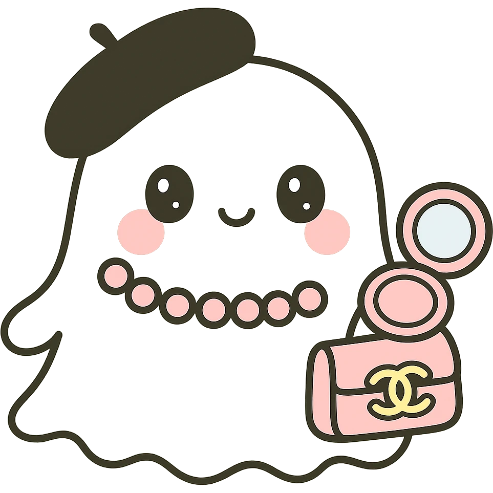 Add a cute blush compact in the ghost's other hand, keeping the black beret and pink Chanel purse, kawaii style, no background. emoji