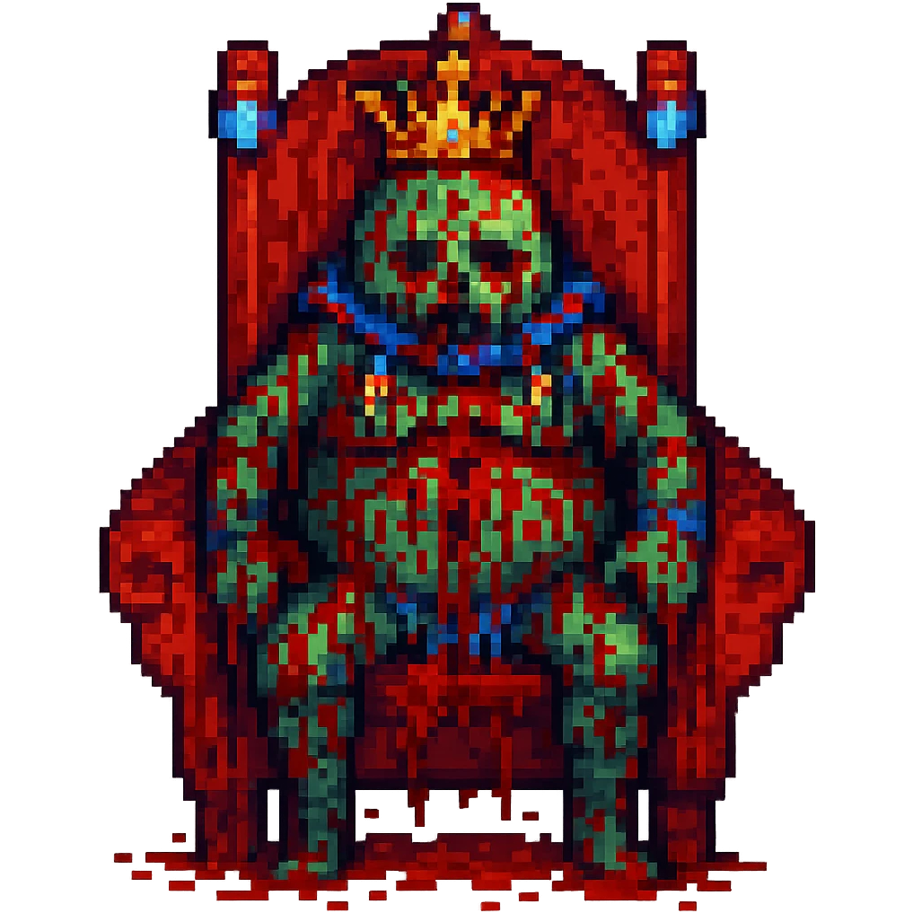 Increase the blood effect on the Minecraft king slime sitting on a throne in pixel art style, keep the background transparent. emoji