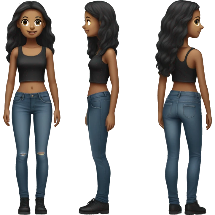 stylish girl in denim jeans, using a black short top. with a realistic nose, and black straight and long hair but no 100% black emoji