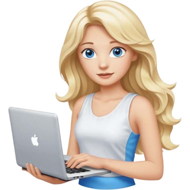 3D Apple-style emoji of a blonde woman whits long wavy hair, with bright blue eyes,
wearing a white sleeveless top,
holding a silver laptop,
clean white background, smooth rounded design
 emoji