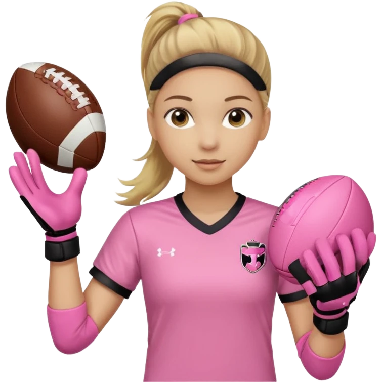 Make a dirty blonde football goalkeeper with goalkeeper gloves on holding a regular football. NOT AN AMERICAN FOOTBALK BALL. The girl is light skinned and wearing a light pink football. Wearing a ponytail with the dirty blonde. Make it without the whole body emoji