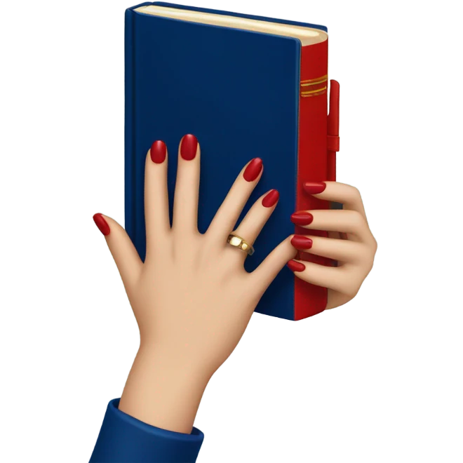 a hand with a red manicure holds a dark blue diary emoji