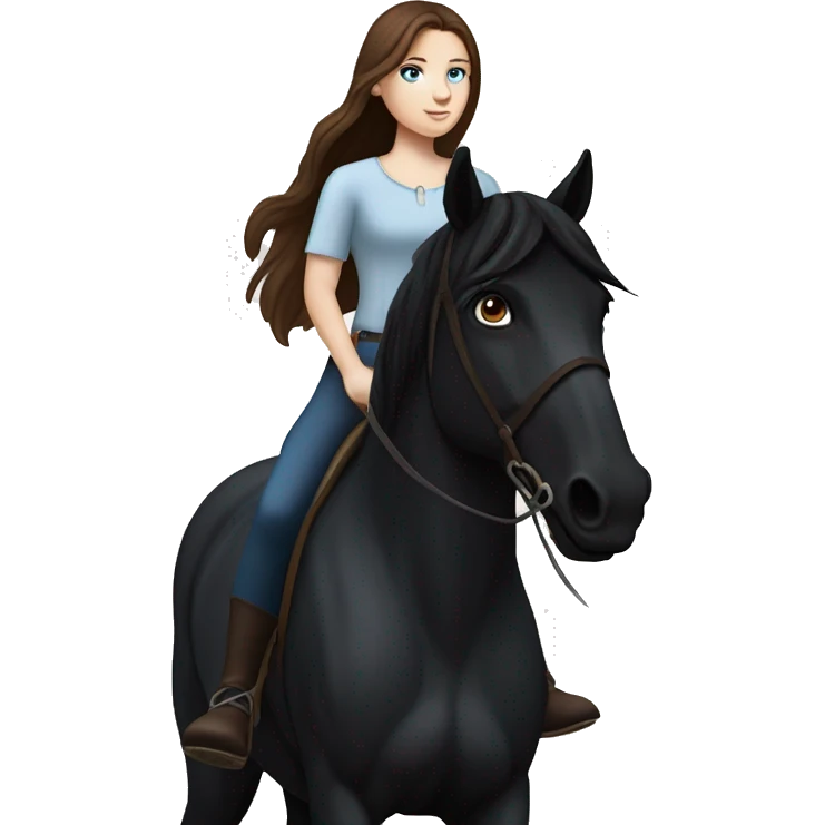 Girl with white skin, blue eyes and brown hair riding a Black horse with long mane and dark eyes. We see them from the side, they are causally walking emoji