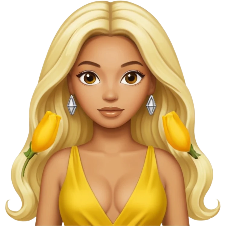Beyonce with long platinum blonde hair, yellow outfit emoji