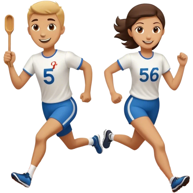 Show the baton being passed off like in a relay race. Make them smiling  and running in a track relay race. One needs to be running and hanging one baton to the other. Put the number 56 o  their shirts emoji