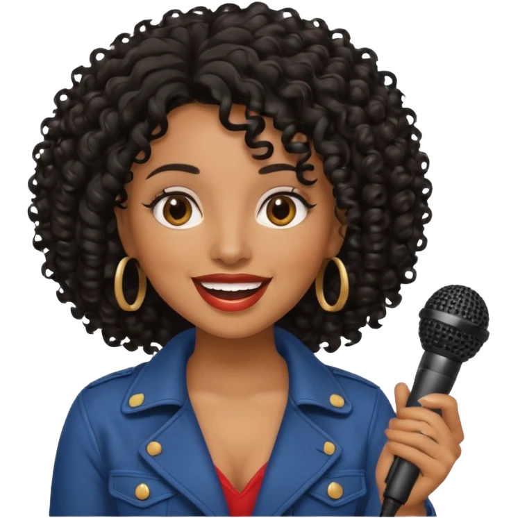 brown skin woman, curly black hair, singer, hold micro emoji