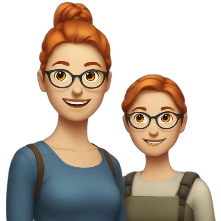 two nordic women designers being jolly, one with reddish hair, a ponytail and no glasses and the other with dark brown, medium short hair and glasses emoji