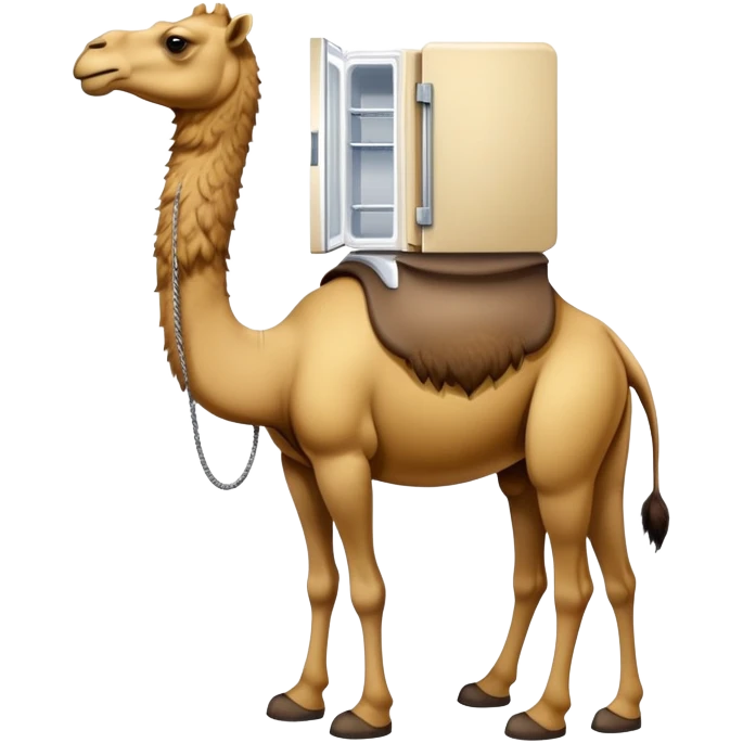 An appliance hybrid with a refrigerator body, a long-necked camel head emerging from the top, and four camel legs with hooves wearing yellow-brown Timberland boots emoji