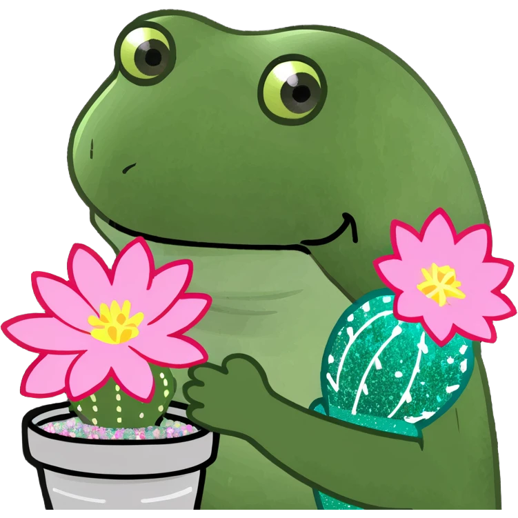 A Frog holding a blooming glitter cactus  emoji