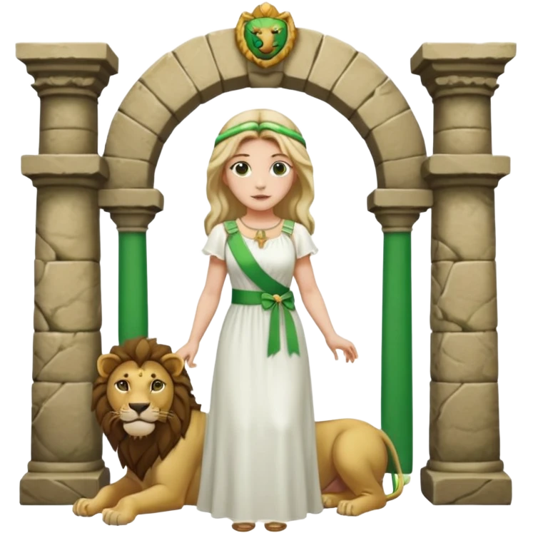 Un drapeau  avec 2 bande verte qui et une bande blanche au milieu avec une femme avec 1 lion de chaque coter d’elle sous un arc en pierre  emoji