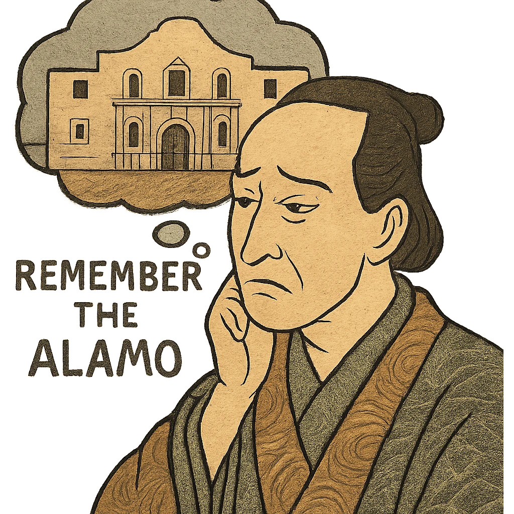 ukiyo-e style face of an 1800s person with a solemn, reflective expression, remembering the Alamo emoji