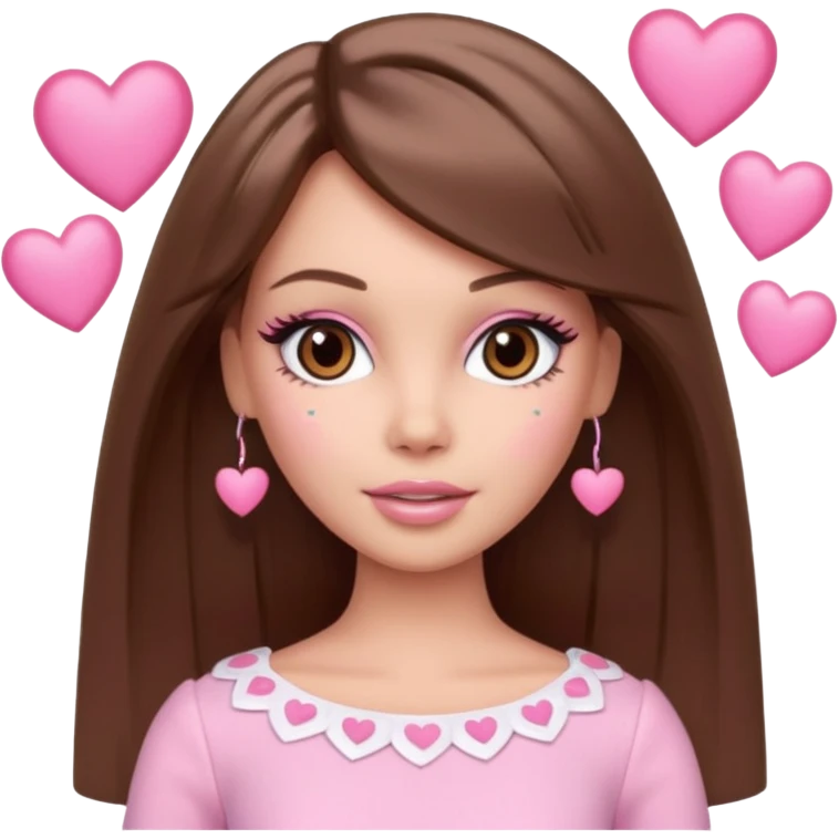 Barbie girl and  makeup , brown straight hair and brown eyes is In pale pink clothes There are pink hearts all around emoji