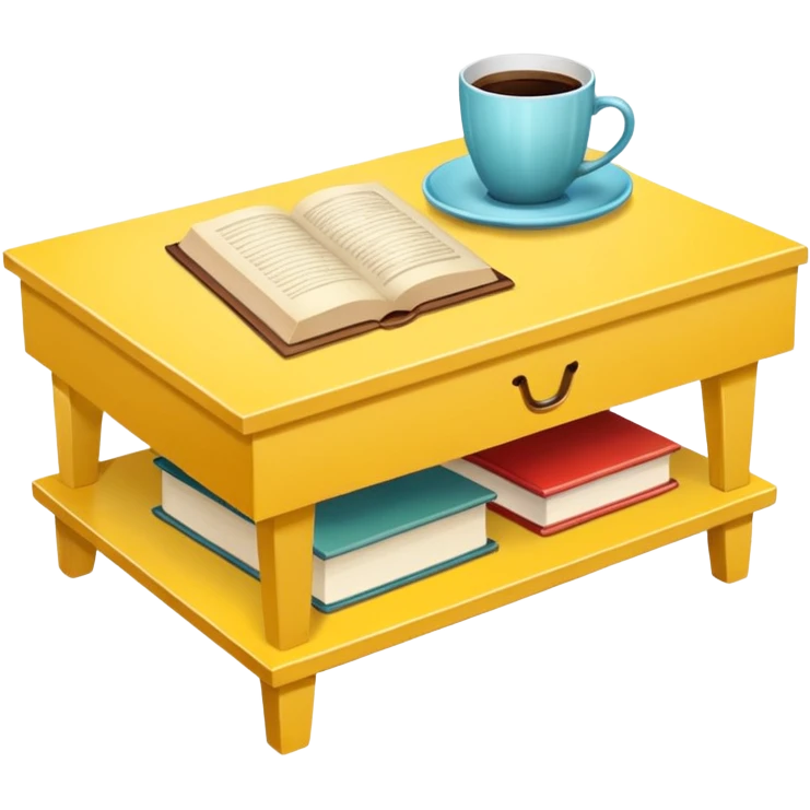 yellow coffe table, coffee on top, books under table
 emoji