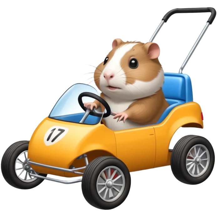 Racing car whose frame and suspension is made of shopping cart material with a large rear spoiler is being professionally steered driven by a small thin Guinea pig  emoji
