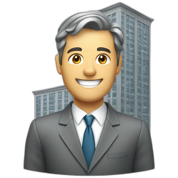 A gray apartment building in the hand of a smiling man in a business suit emoji