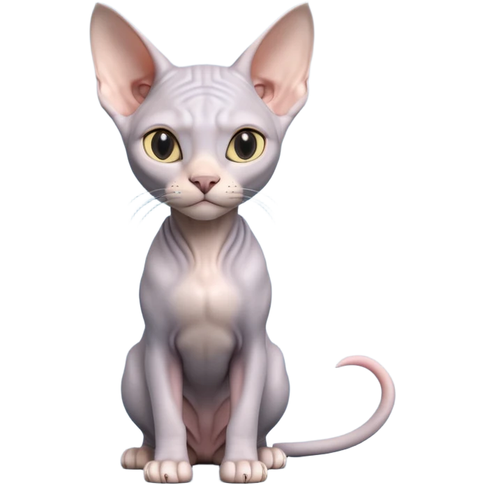 A 3D cartoon silver-gray Sphynx cat with smooth skin, gentle expression, elegant pastel lighting, cinematic Memoji rendering. full body or half body. emoji