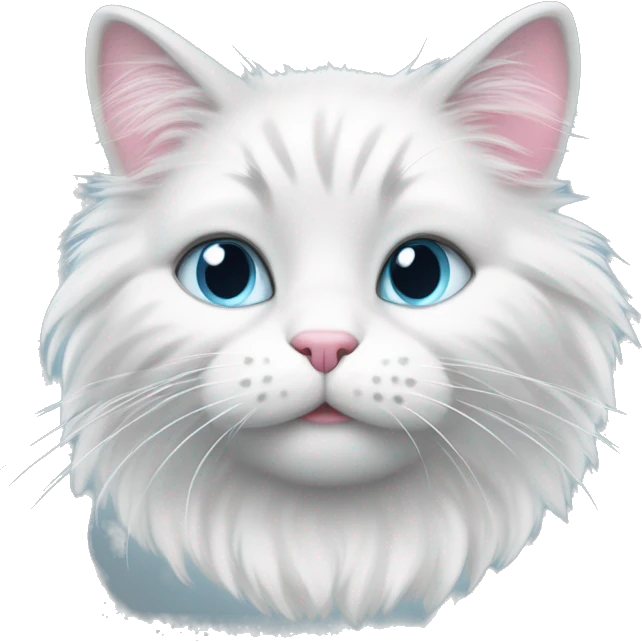 fluffy grey and white cat, small ears, pink nose, light blue eyes, white long whiskers, white spots near the nose, white breast, the cat's fur is soft. emoji