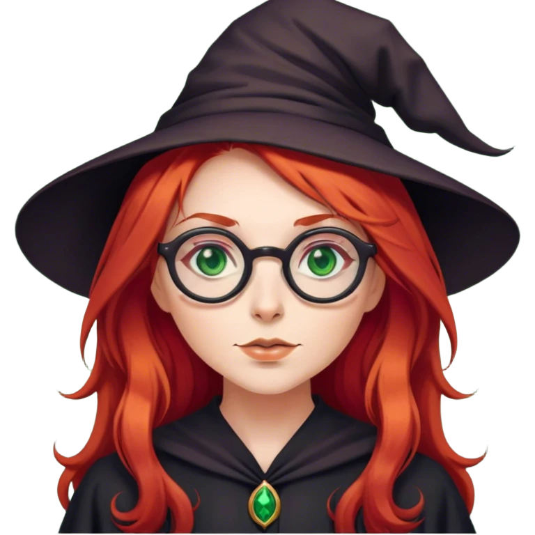A witch that has long red hair, green eyes and round glasses emoji
