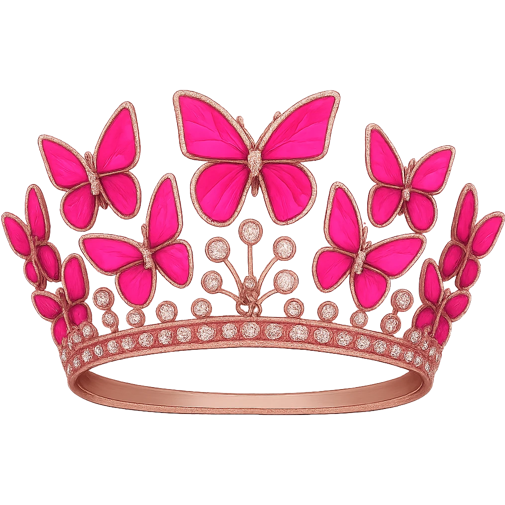 Enhance the vibrancy and saturation of the pink enamel butterflies on the crown, making them more vibrant and saturated in their pink enamel shades. Keep the sparkling gems and pink base intact. No background. emoji