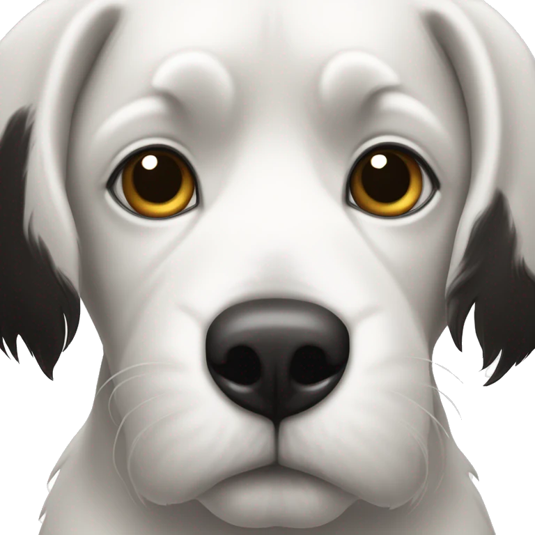 Un perro blanco y negro con el pelo desordenado y algo pequeño con los ojos marrón oscuro  emoji