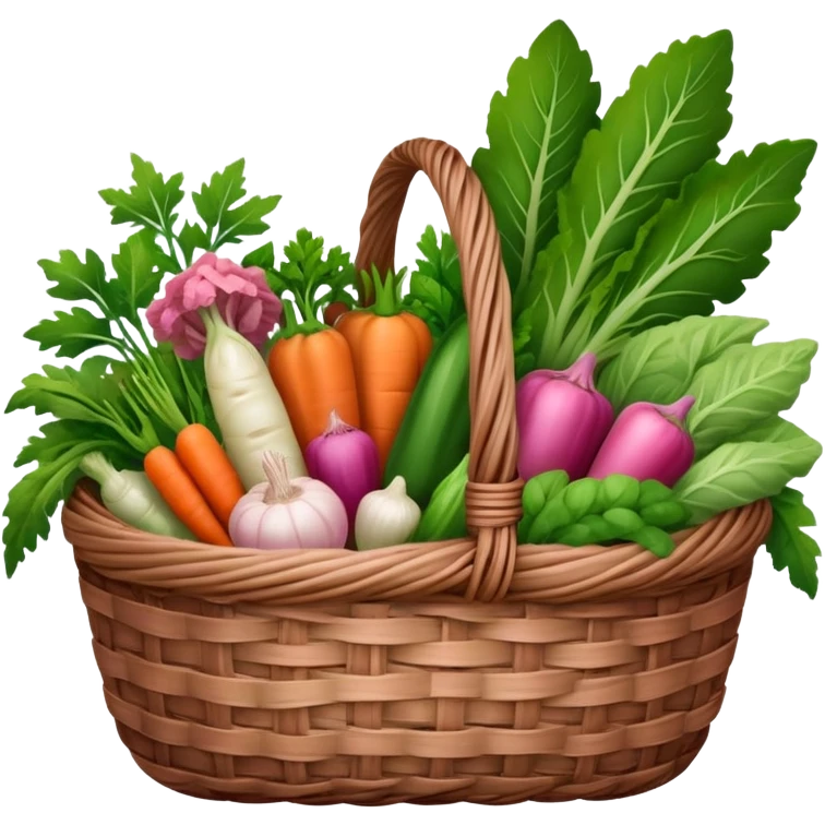 A brown basket of vegetables and plants with some pink aesthetic motives on the basket in an ios 18 emoji  emoji