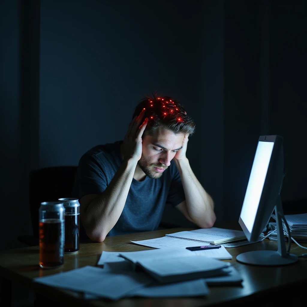 realistic overworked man at night, cluttered desk, paperwork, energy drinks, glowing screen, fatigue, dark circles, slouched posture, faint red glow on head, cold lighting, burnout health risk metaphor emoji