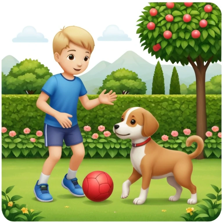 kid and dog playing with ball, garden background emoji