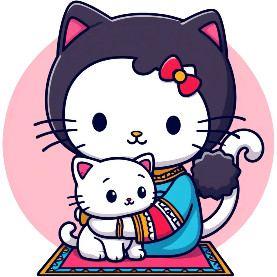 Hello kitty giving a kiss to a marocan boy with long curly hair  emoji