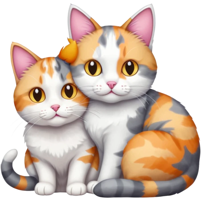 grey and white cat cuddling a colourful light patched calico + white tabby cat emoji