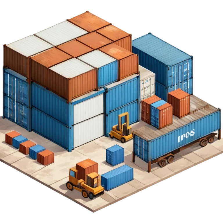 Isometric industrial warehouse with shipping containers outside and loading bay emoji