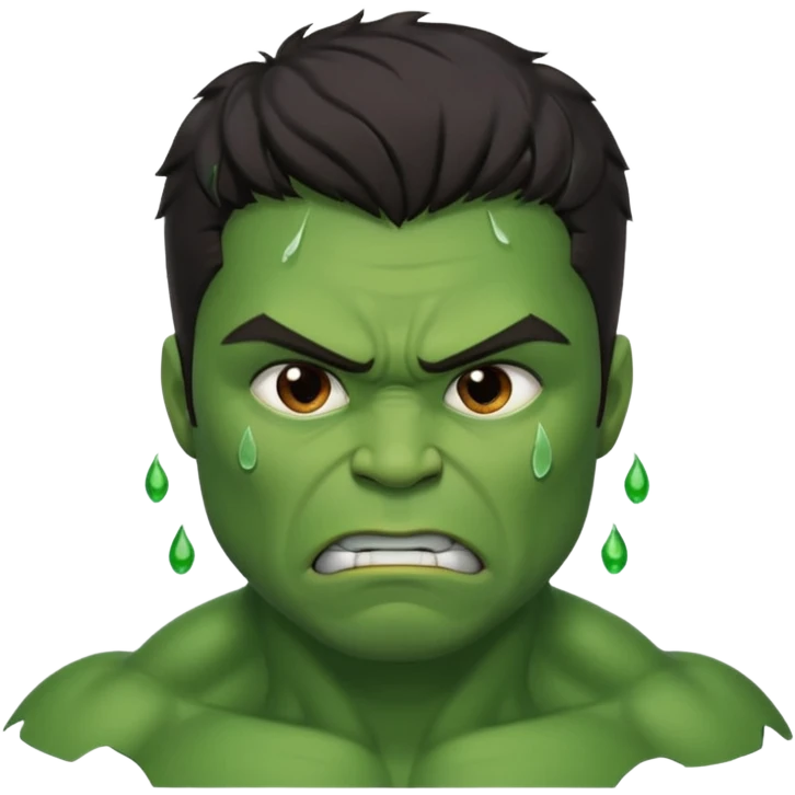 Create a man with brown eyes and dark hair in a crying Hulk costume emoji