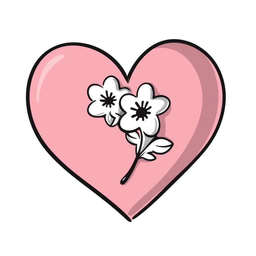 pink heart with sakura flowers, black doodle style emoji
