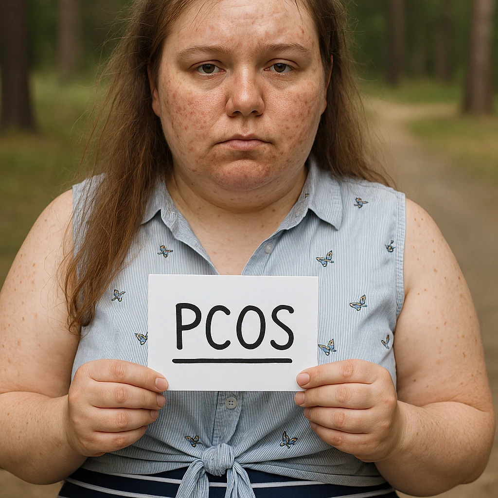 Realistic woman with PCOS inspired by the reference photo, slightly overweight body, skin with acne marks, thin hair, similar clothing, natural environment, hyperrealistic 4K details. emoji