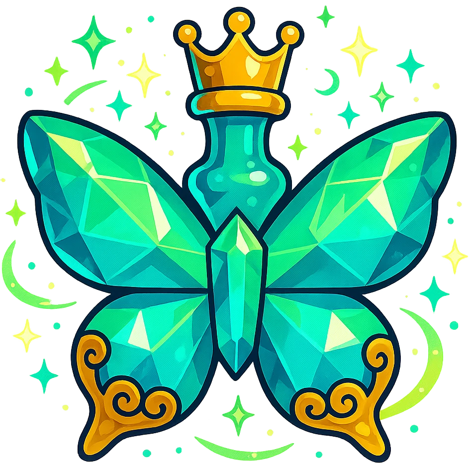 luxurious crystal butterfly-shaped bottle with a short neck and princess crown, green and blue colors, lots of glow, ornaments, magical effects, golden details, floating in air, transparent background emoji