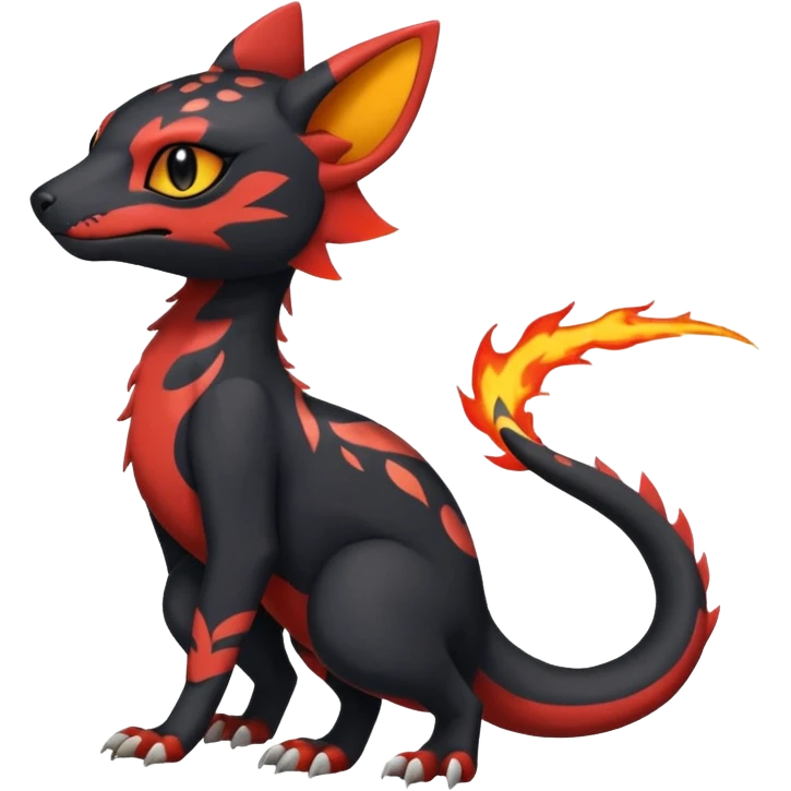 Rare realistic cute gothic Salandit-Litten-Quilava-Genet-species-Fakemon-hybrid-creature, with fiery markings, full body emoji