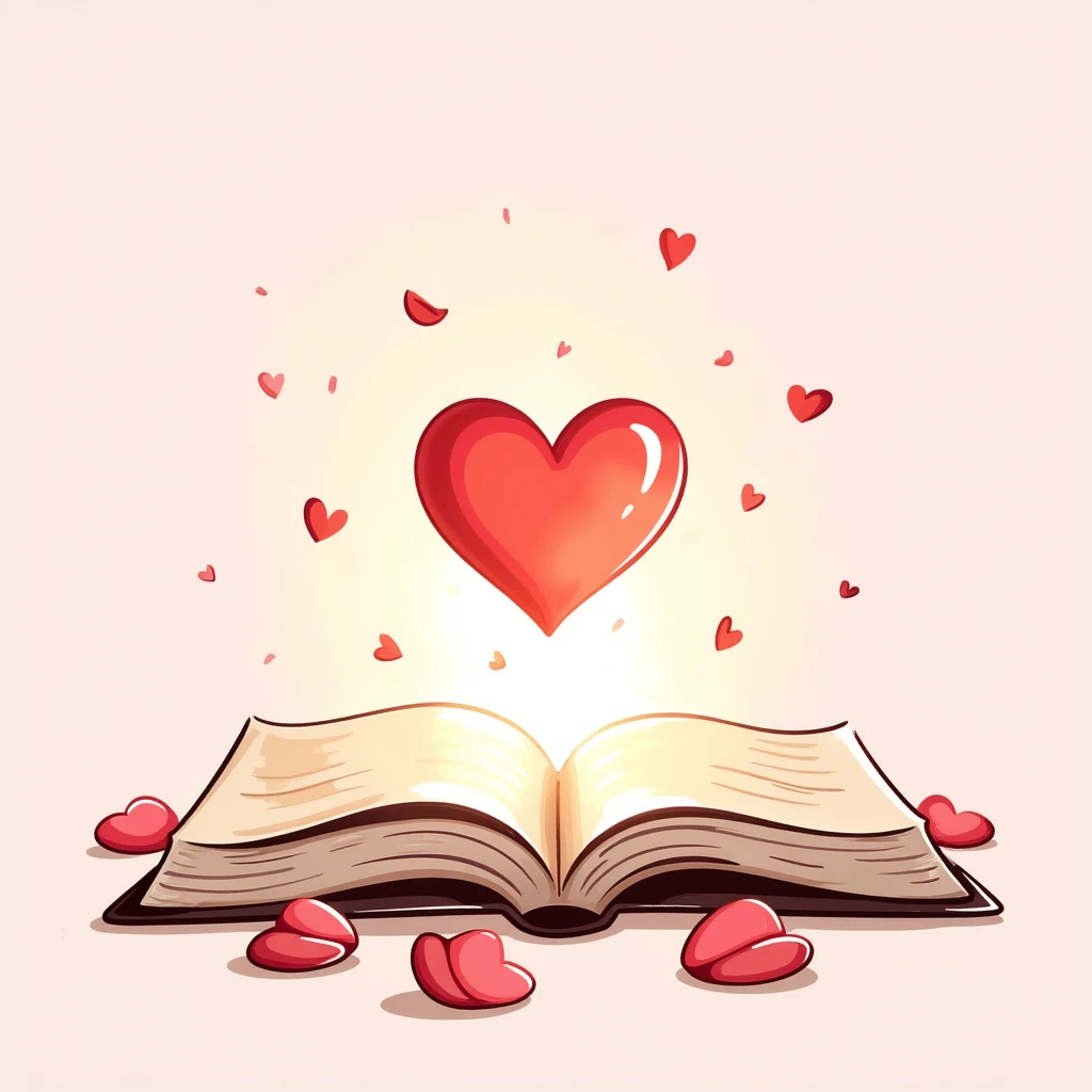 Романтичная иллюстрация в нежных пастельных тонах: открытая книга, из страниц которой вылетает сердце из света, вокруг — лепестки роз, мягкий фон с лёгким свечением. Атмосфера тёплая и мечтательная, в стиле акварели. Подходит для обложки любовного романа. emoji