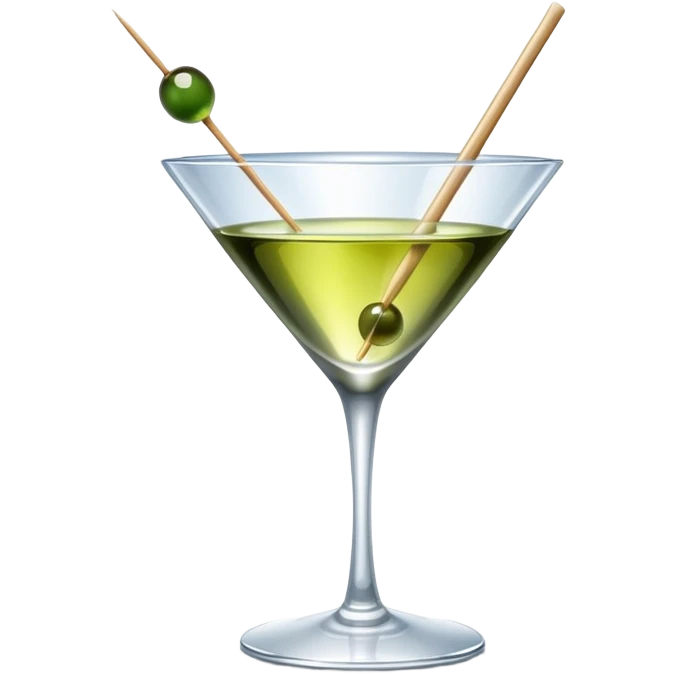 martini glass with crystal clear transparent liquid and an olive at the bottom skewered by a toothpick emoji