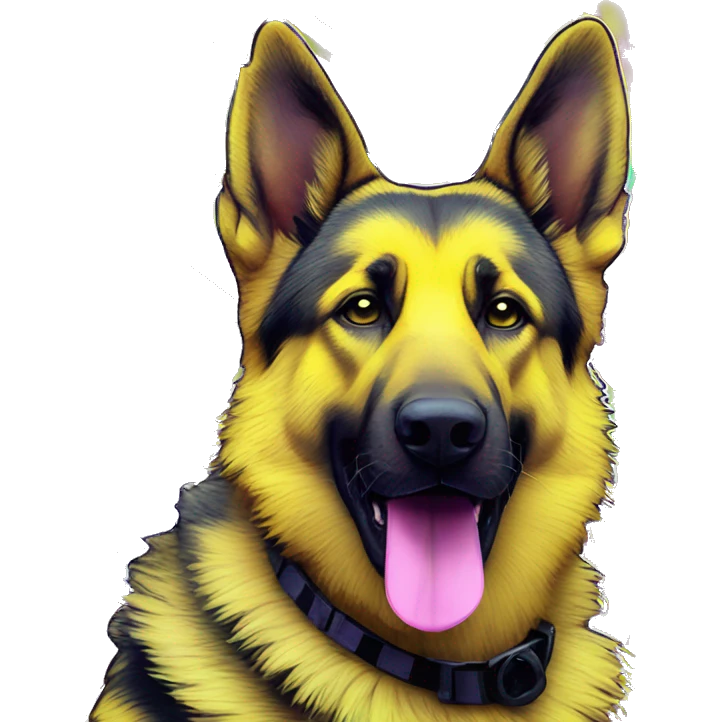 .Zombie_ Vaporwave black holographic oilslick zombie yellow German shepherd dog yellow caution tape graffiti stripes iridescent blue purple yellow stripes emoji