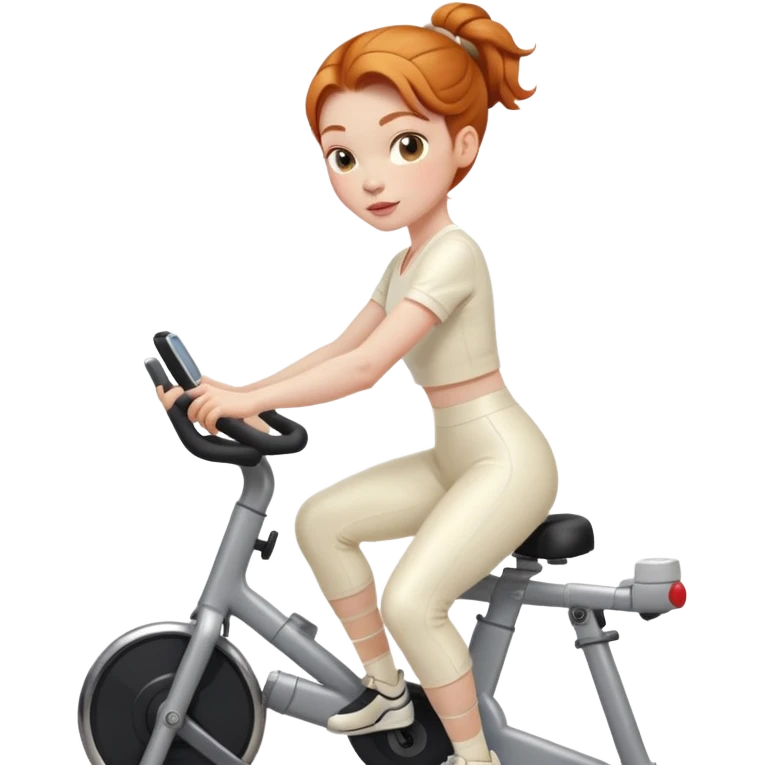 Ginger girl shiny lips middle part low bun riding stationary bike cream outfit emoji